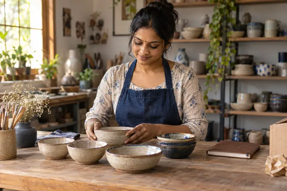 A ceramic artisan arranging handmade bowls in her studio.