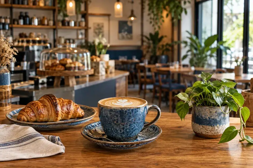 Coffee and fresh pastry at a warm, independent cafe.